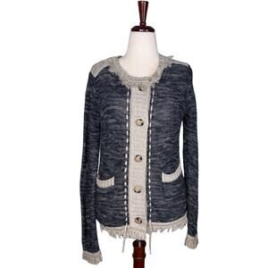 Label + Thread Blue Beige Fringe Trim Cardigan    Size: L